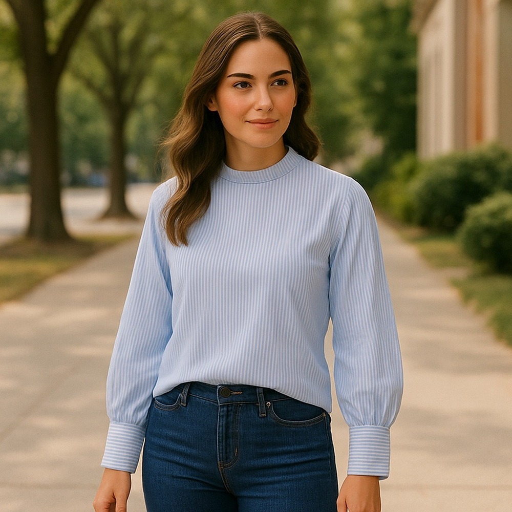 Feminine Women's Blue Striped High Neck Long Sleeve Button Cuff Blouse Size 8